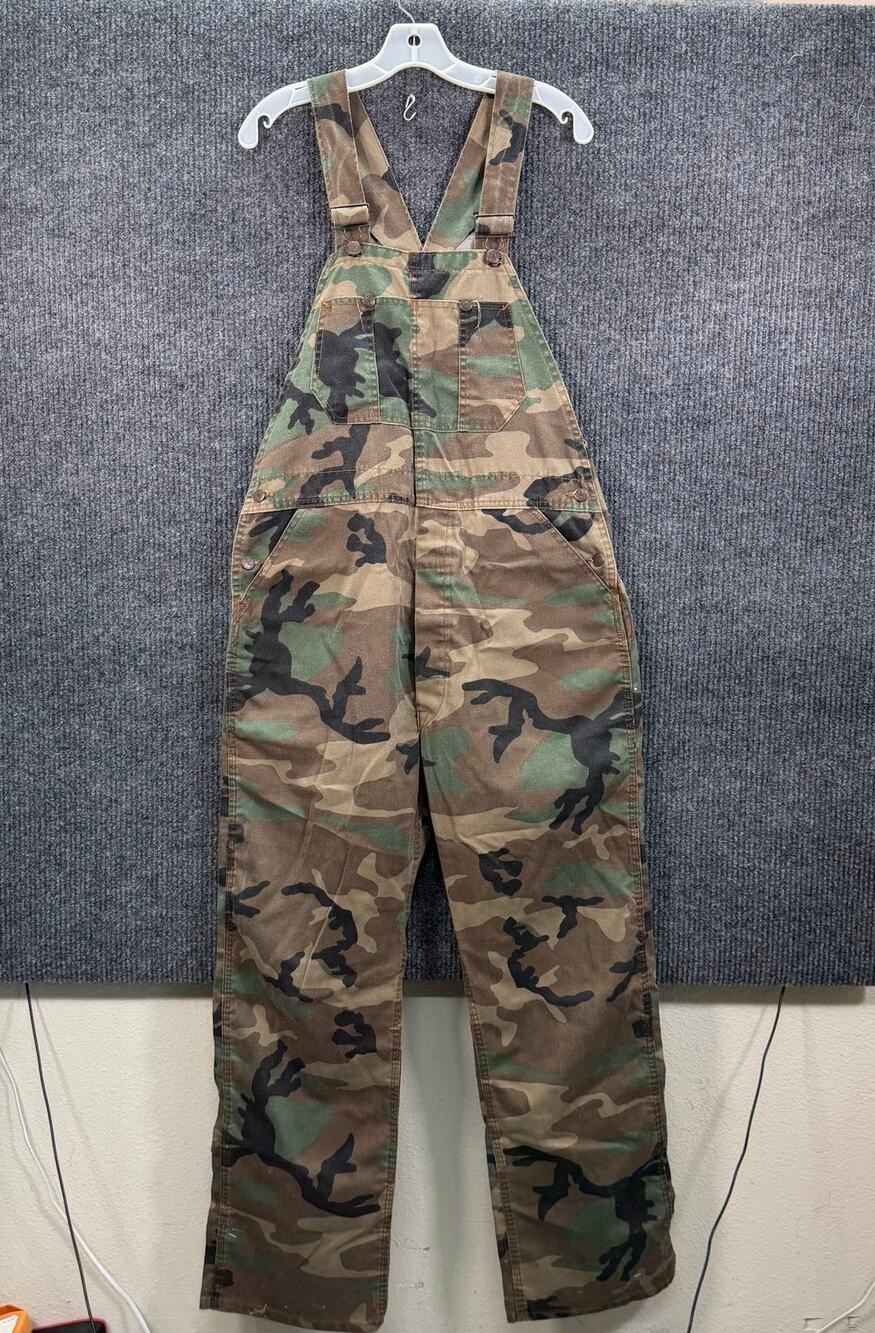 Vintage Round House USA Camo Bib Overalls Mens 42x32 Hunting Woodland Overall